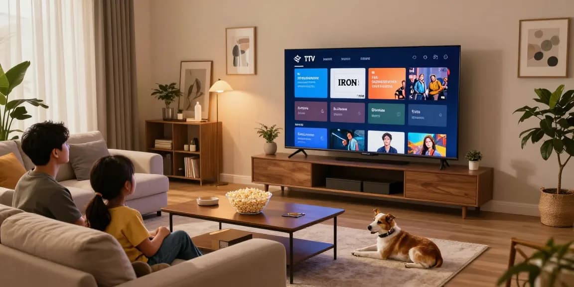 Abonnement Iron TV sur écran de télévision avec une famille regardant un film