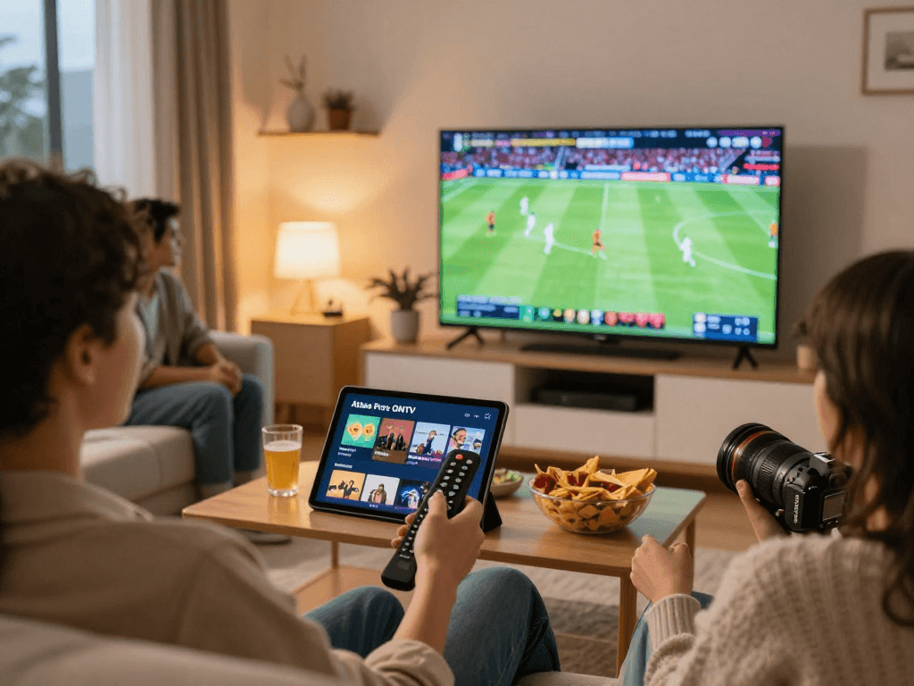 Expérience de divertissement à domicile avec Atlas Pro, regardant des sports en direct sur Smart TV.
