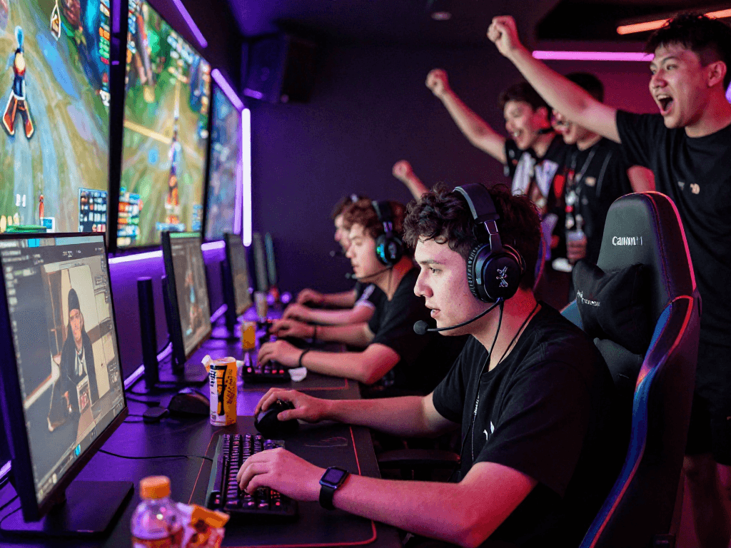 Atmosfer kompetitif di arena esports kangbet dengan pemain fokus dan suasana gemuruh.