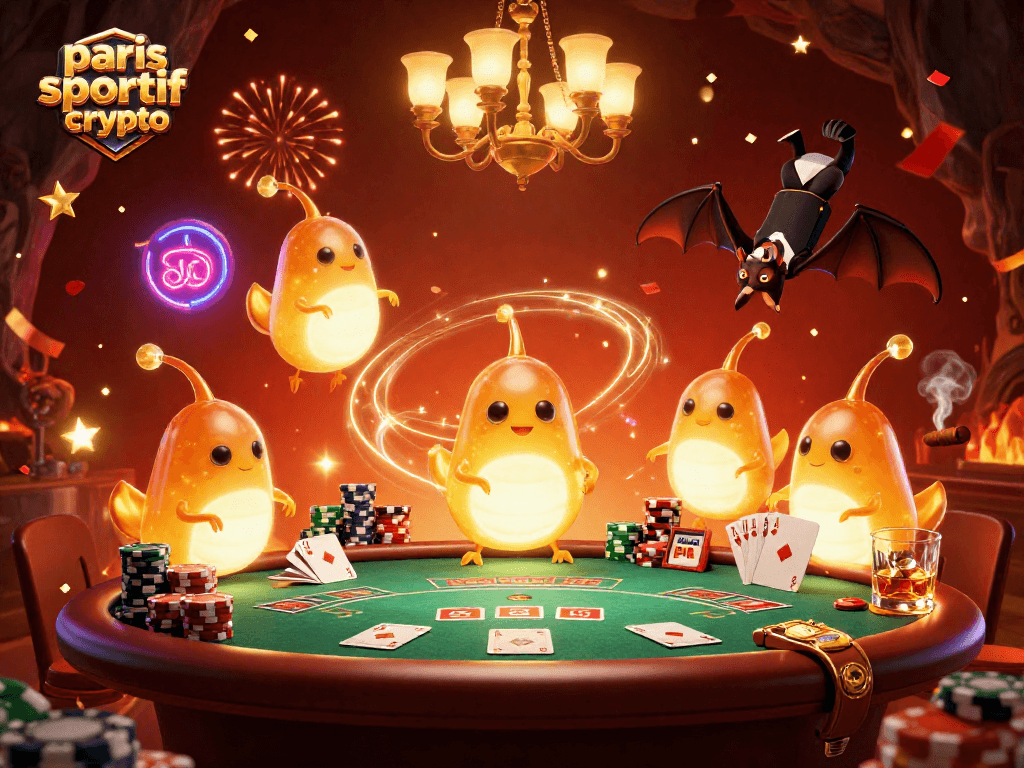 Placer des paris sportif crypto passionnants dans un casino animé avec des vers luisants et un croupier chauve-souris