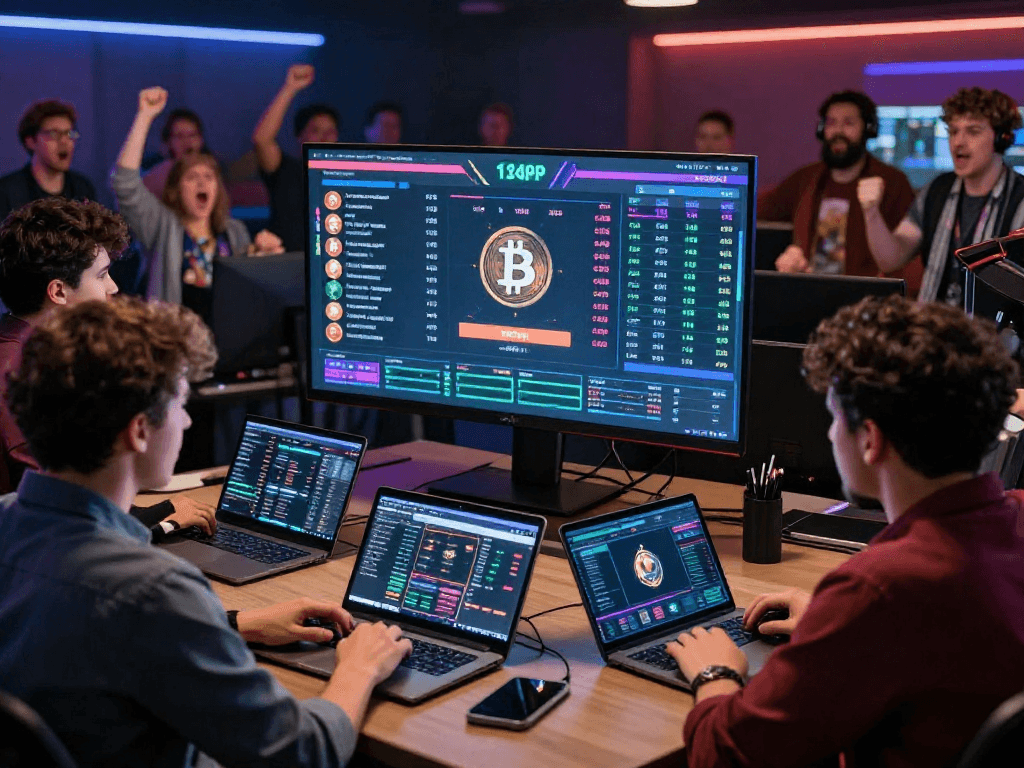 Scène de paris sportif crypto avec divers parieurs utilisant des plateformes en ligne.