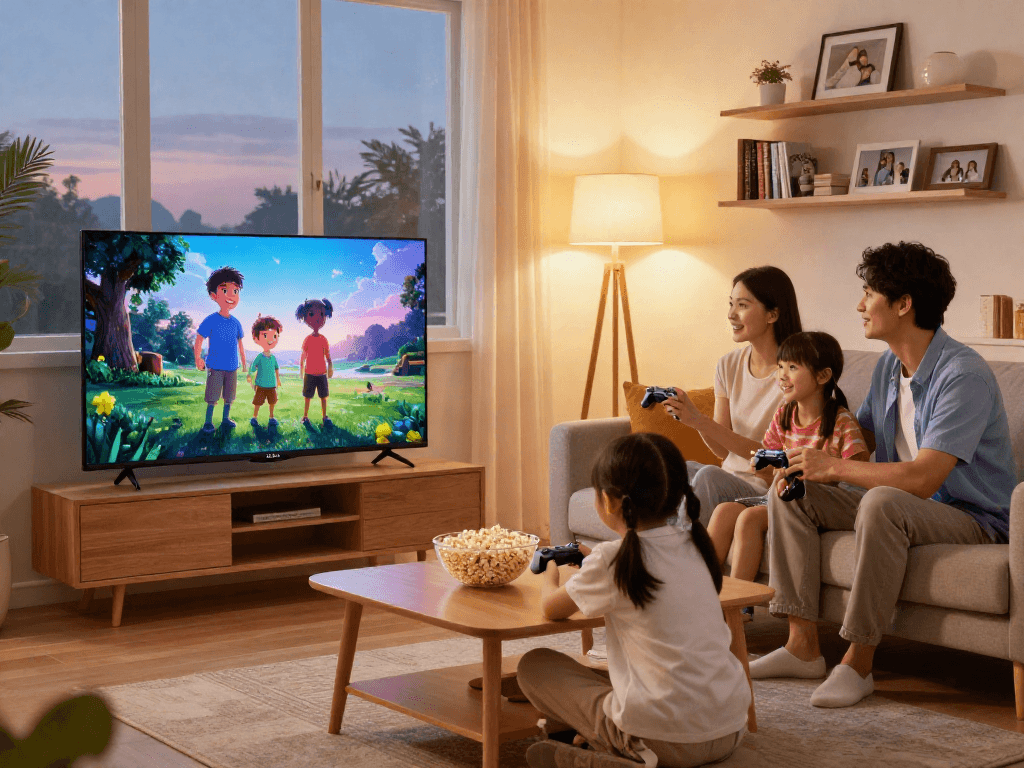 La famille profitant de l'Atlas pro ontv dans un salon moderne, ambiance conviviale.