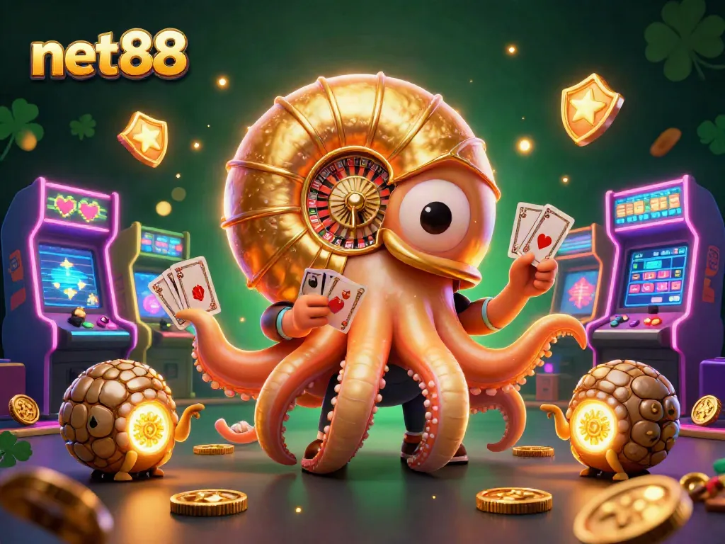 Explore the vibrant net88 casino scene with a cartoon nautilus roulette wheel and glowing game elements.