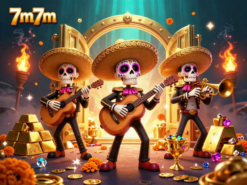 Engaging 7m7m casino scene with cartoon mariachi band and treasure elements.