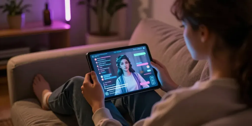Engaging in NSFW AI chat on a futuristic holographic interface in a cozy room.