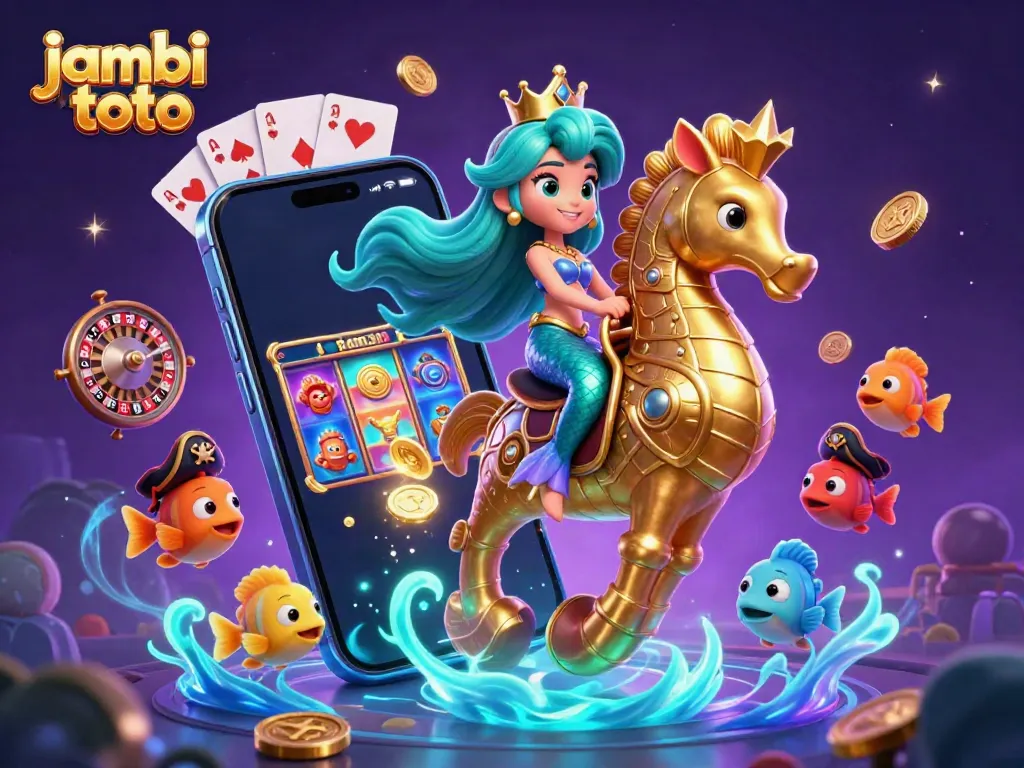 Experience thrilling gameplay with Jambi Toto as a mermaid princess rides a golden seahorse amid vibrant casino elements.