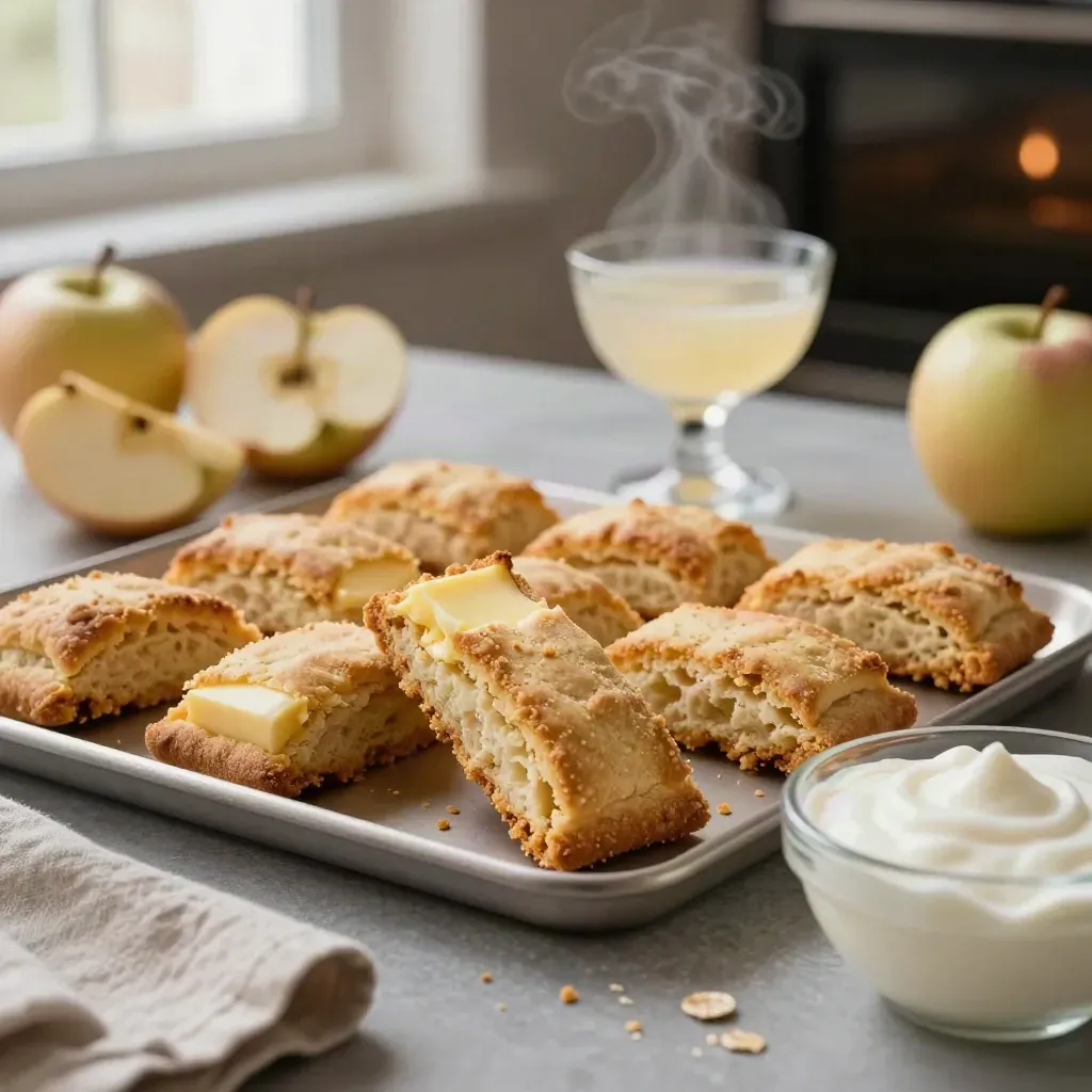 Biscuits sablés chauds, pommes tranchées et yaourt épais sur un plan de travail