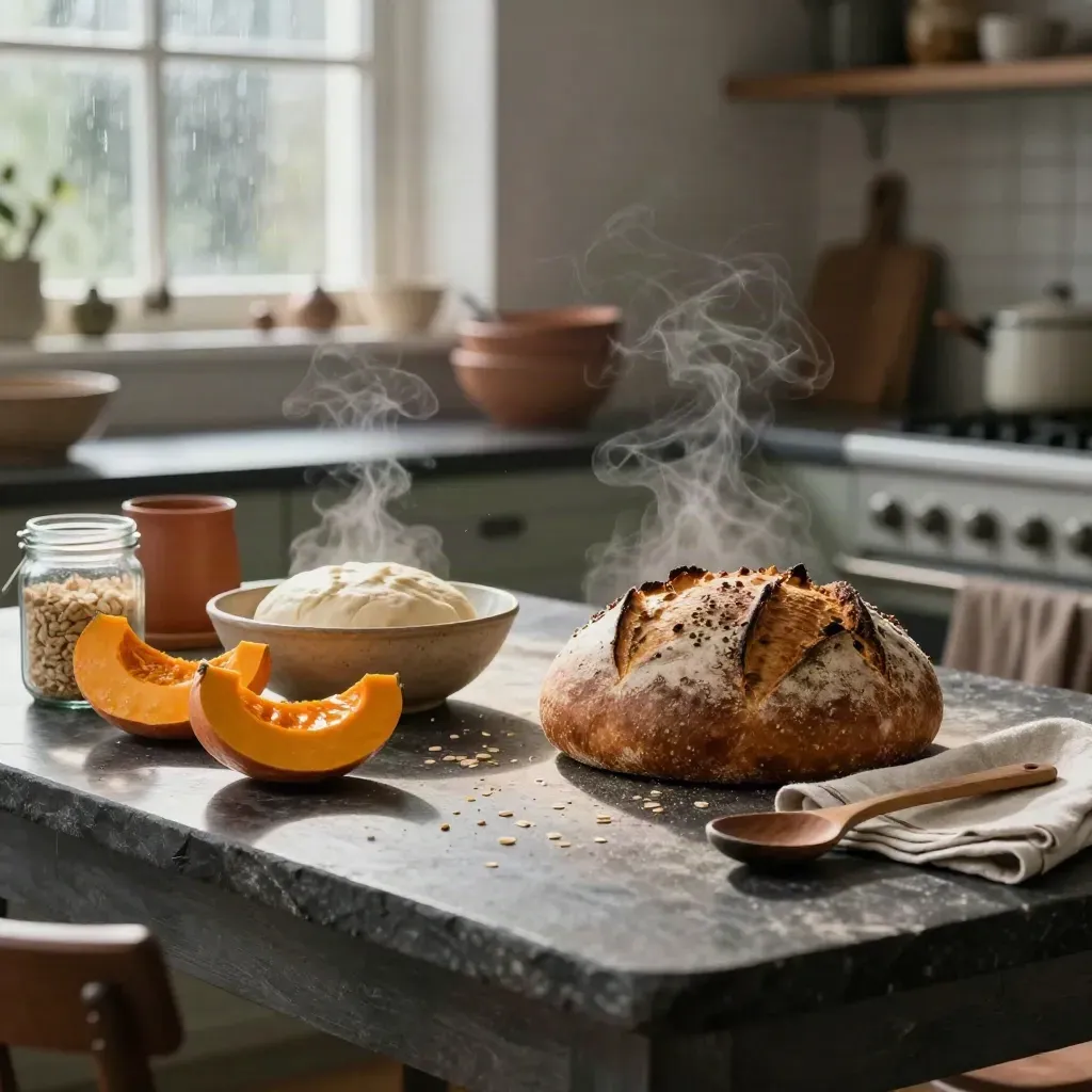 Table de cuisine d’automne avec pain, courge, pâte levée, bocaux et linge de lin.