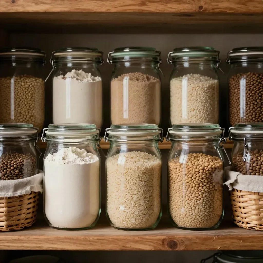 Bocaux de cuisine alignés avec farine, riz, lentilles et paniers tressés dans un cellier.