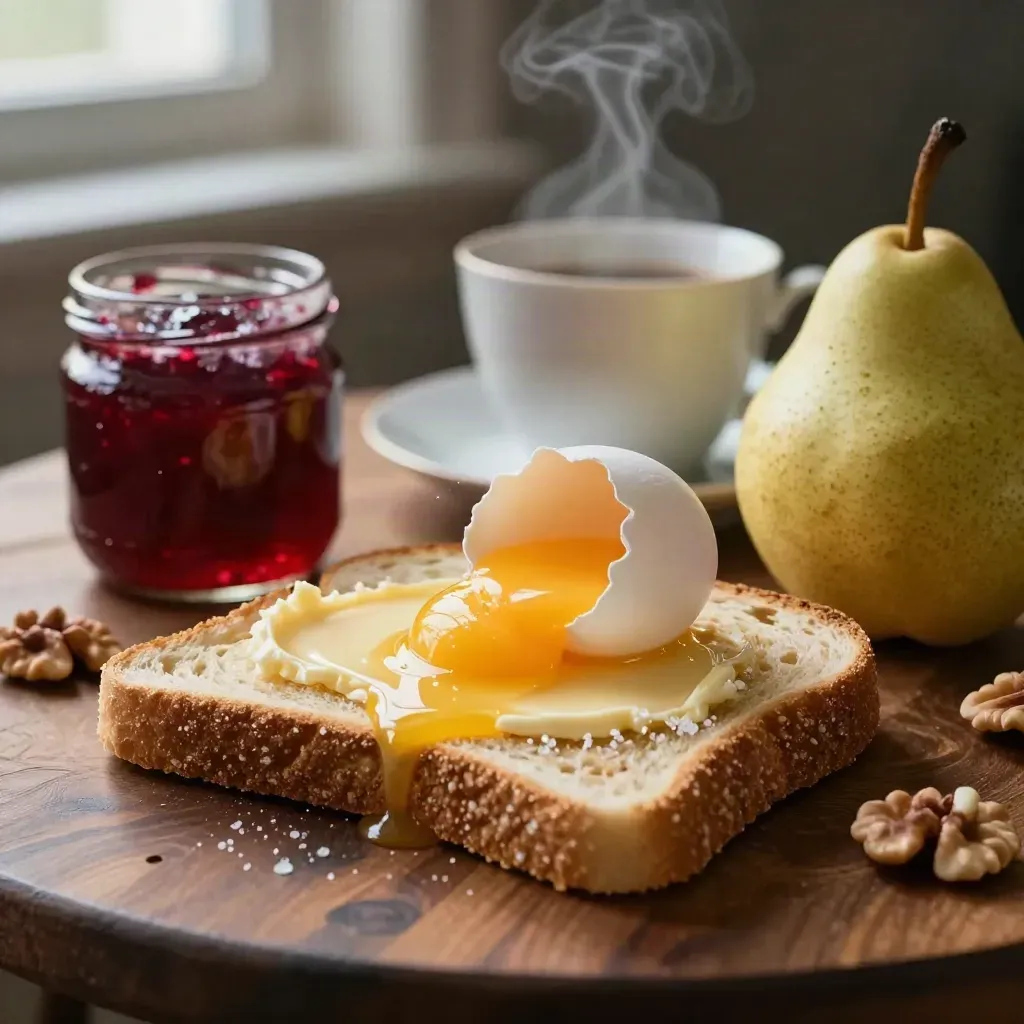 Petit-déjeuner du matin gris avec tartines beurrées, œuf mollet, confiture et café fumant.
