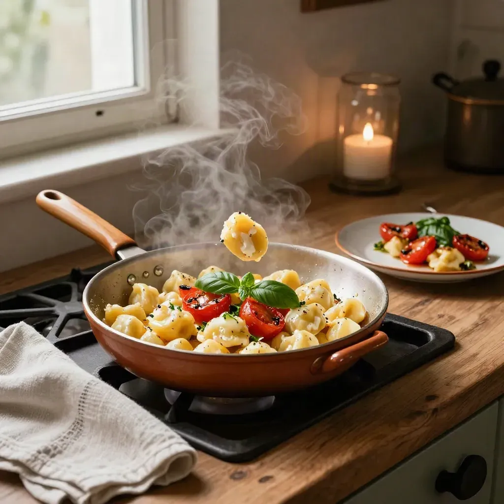Poêle de gnocchis au beurre avec tomates rôties et basilic, plat dressé à côté.
