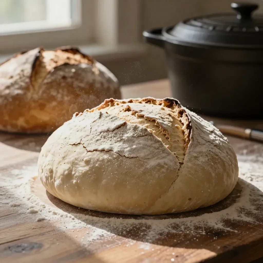 Une boule de pâte rustique farinée, avec banneton et cocotte flous derrière.