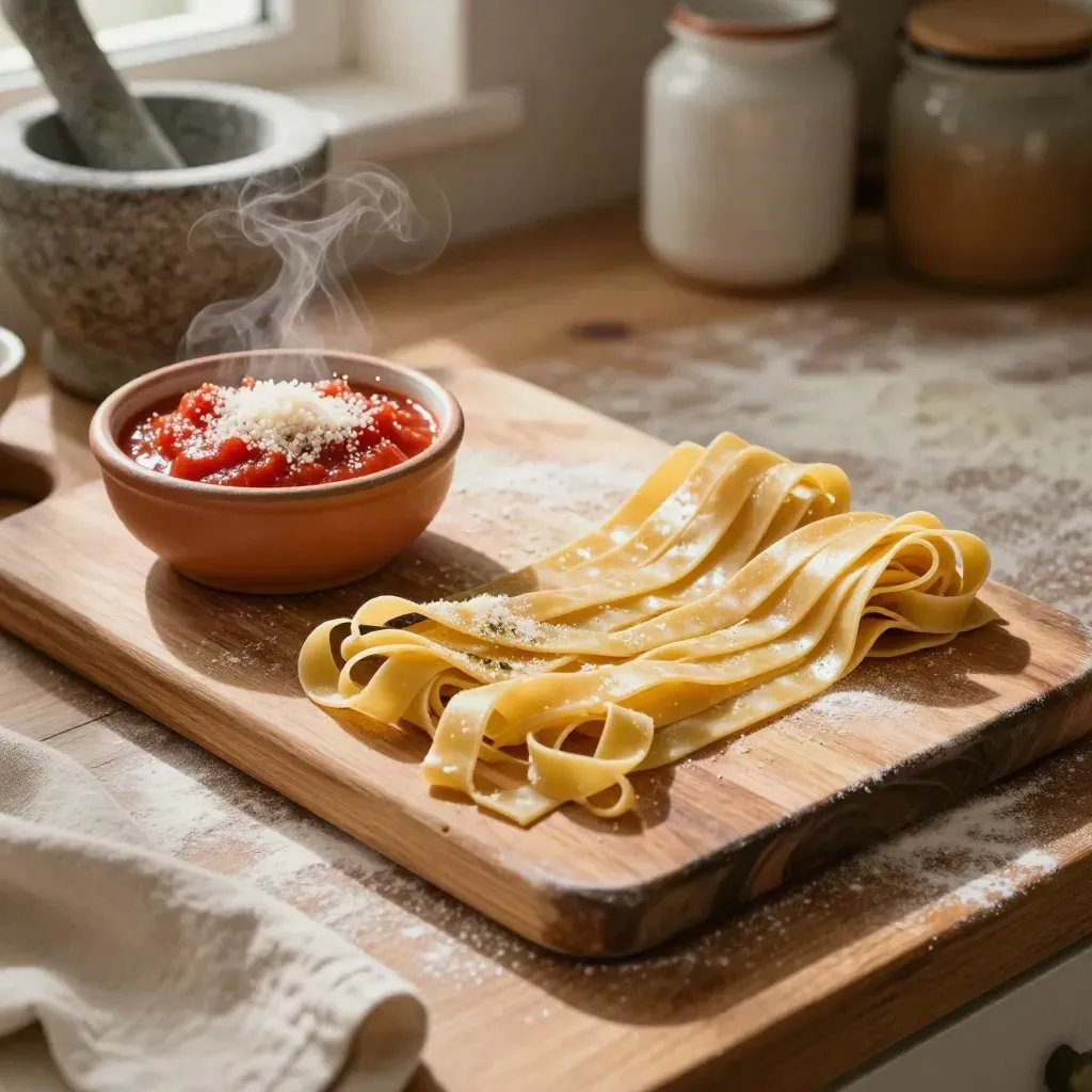 Tagliatelles fraîches, sauce tomate et parmesan sur une planche en bois, vue en plongée oblique.