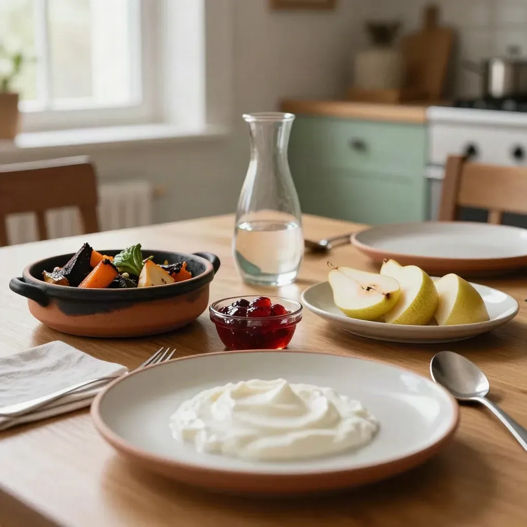 Table familiale du mercredi avec légumes rôtis, compote, yaourt, fruits coupés et carafe en verre.
