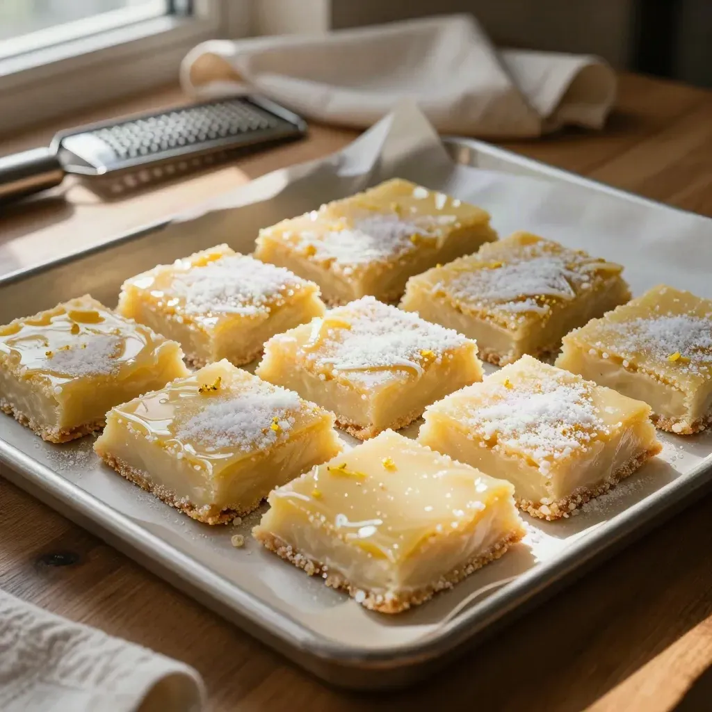 Carrés au citron saupoudrés de sucre, coupe entamée, papier froissé et petite râpe.