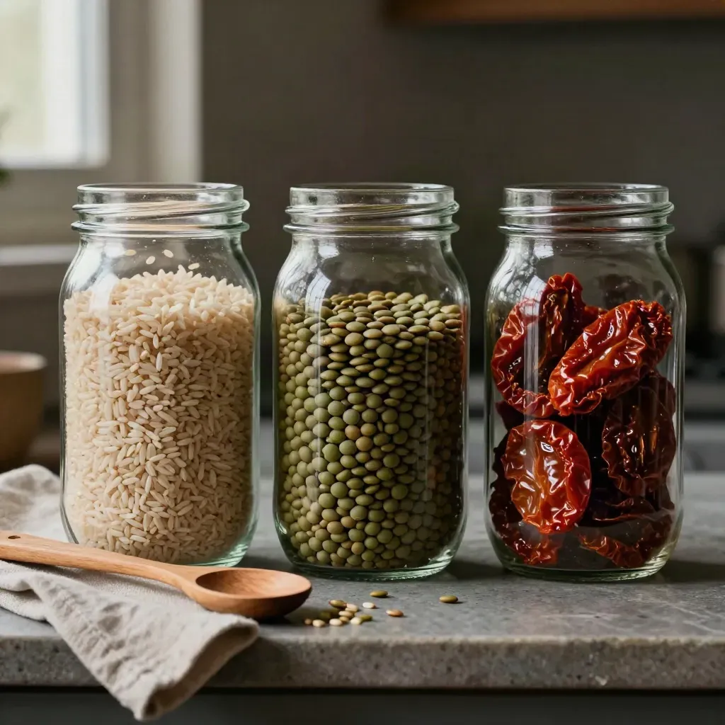 Trois bocaux de riz, lentilles et tomates séchées avec une cuillère en bois sur une étagère de cuisine.