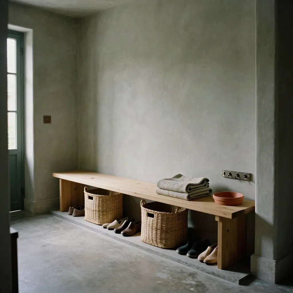 Entrée de maison rangée avec paniers, chaussures et couvertures, lumière douce sur sol en pierre.