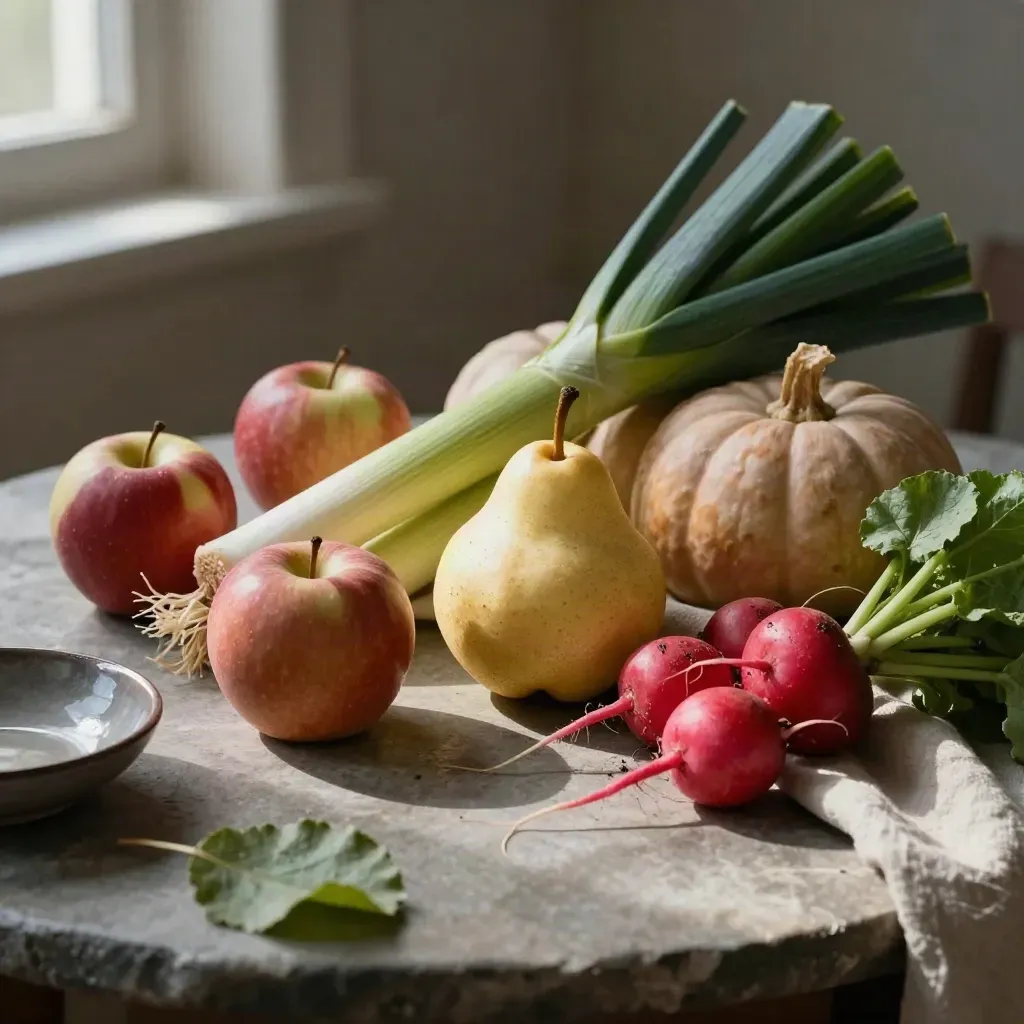 Pommes, poires, poireaux, courge et radis sur une table de pierre, lumière d’automne.