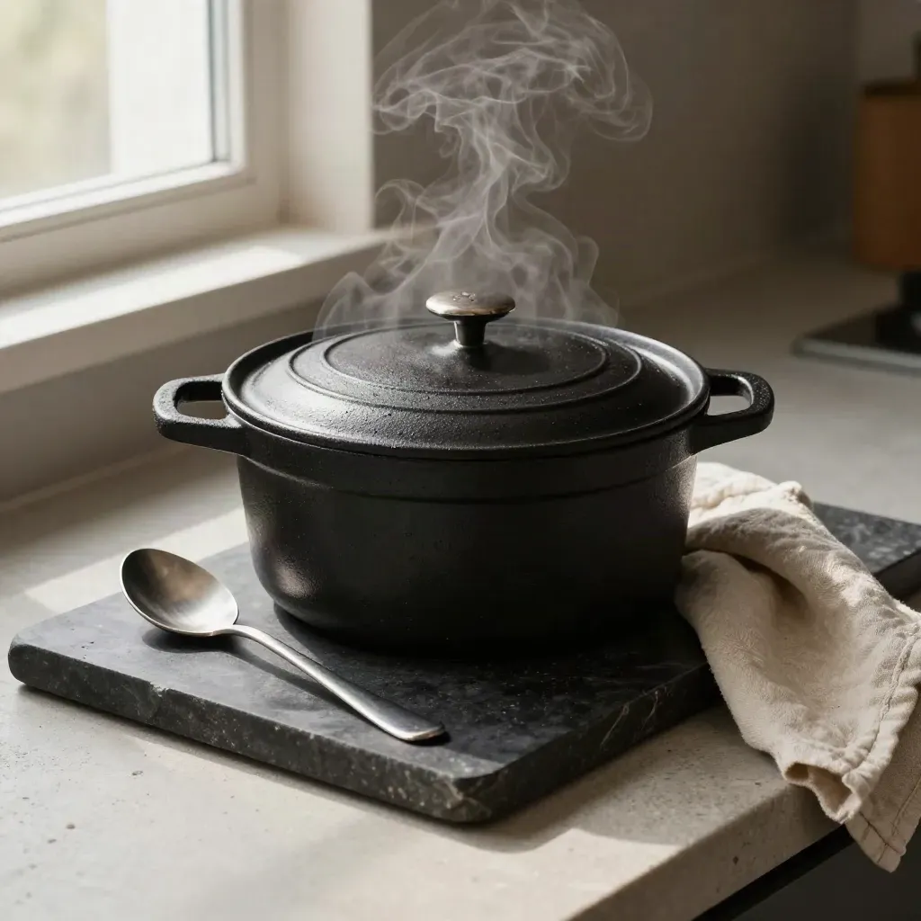 Cocotte en fonte noire ouverte, cuillère et torchon plié sur un plateau en pierre, vapeur du soir.