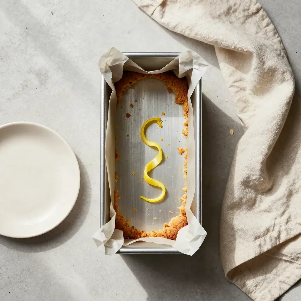 Moule à cake, papier cuisson froissé, zeste de citron et petite assiette en grès sur béton clair.