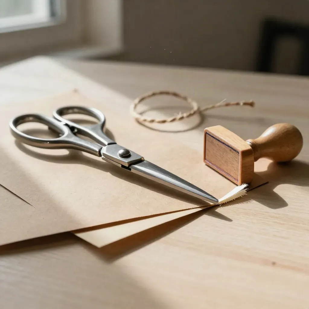 Ciseaux, papier kraft plié, ficelle de coton et tampon en bois sur bois pâle, lumière douce.