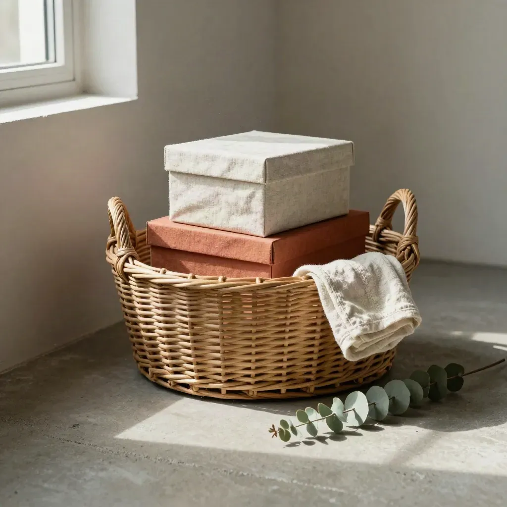 Panier en osier, boîtes de rangement, chiffon en coton et eucalyptus sur fond crème.