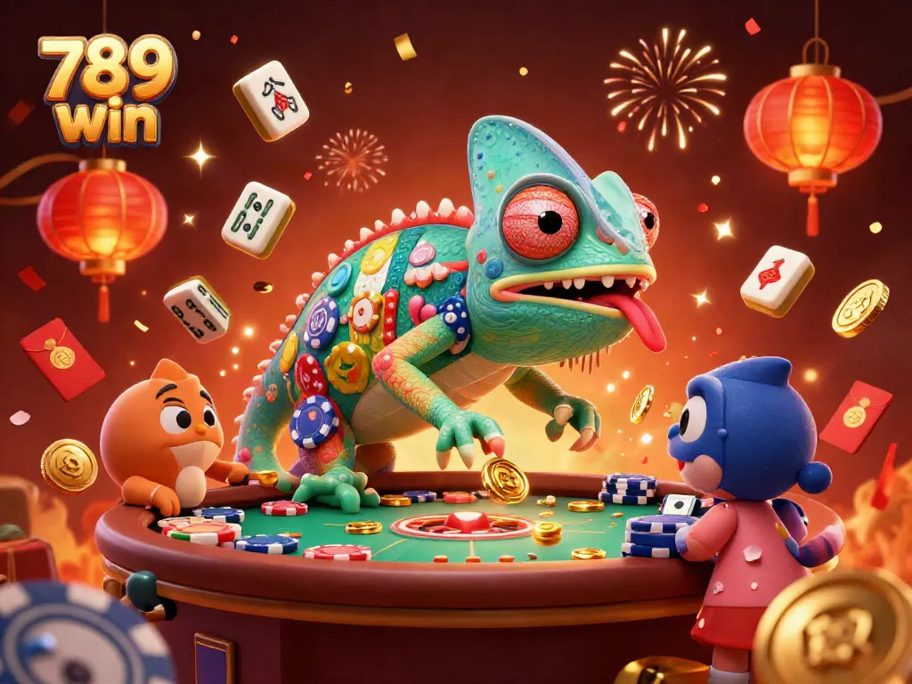 Your chance to win big at 789 win features a lively casino scene with a colorful chameleon and vibrant game elements.