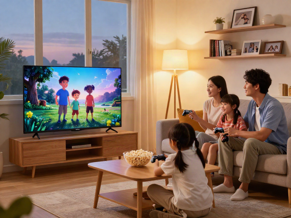 La famille profitant de l'Atlas pro ontv dans un salon moderne, ambiance conviviale.
