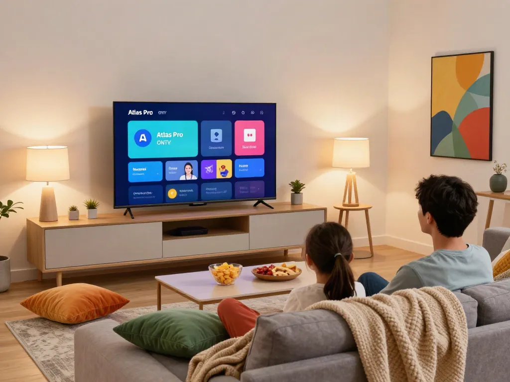 Famille regardant la télévision avec l'application atlas pro ontv dans un salon confortable.