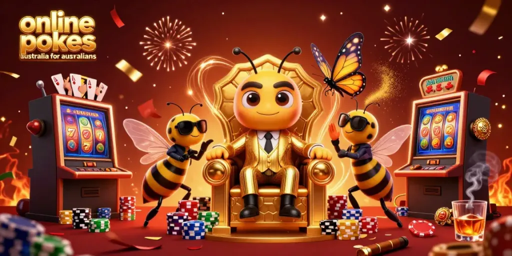 Engage in thrilling online pokies Australia for Australians with a cartoon characters scene highlighting winning moments.