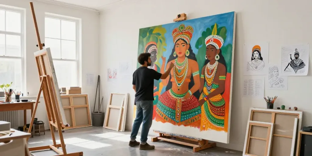 Peinture monumentale en cours de création par un artiste professionnel dans un studio local rempli de couleurs vibrantes.